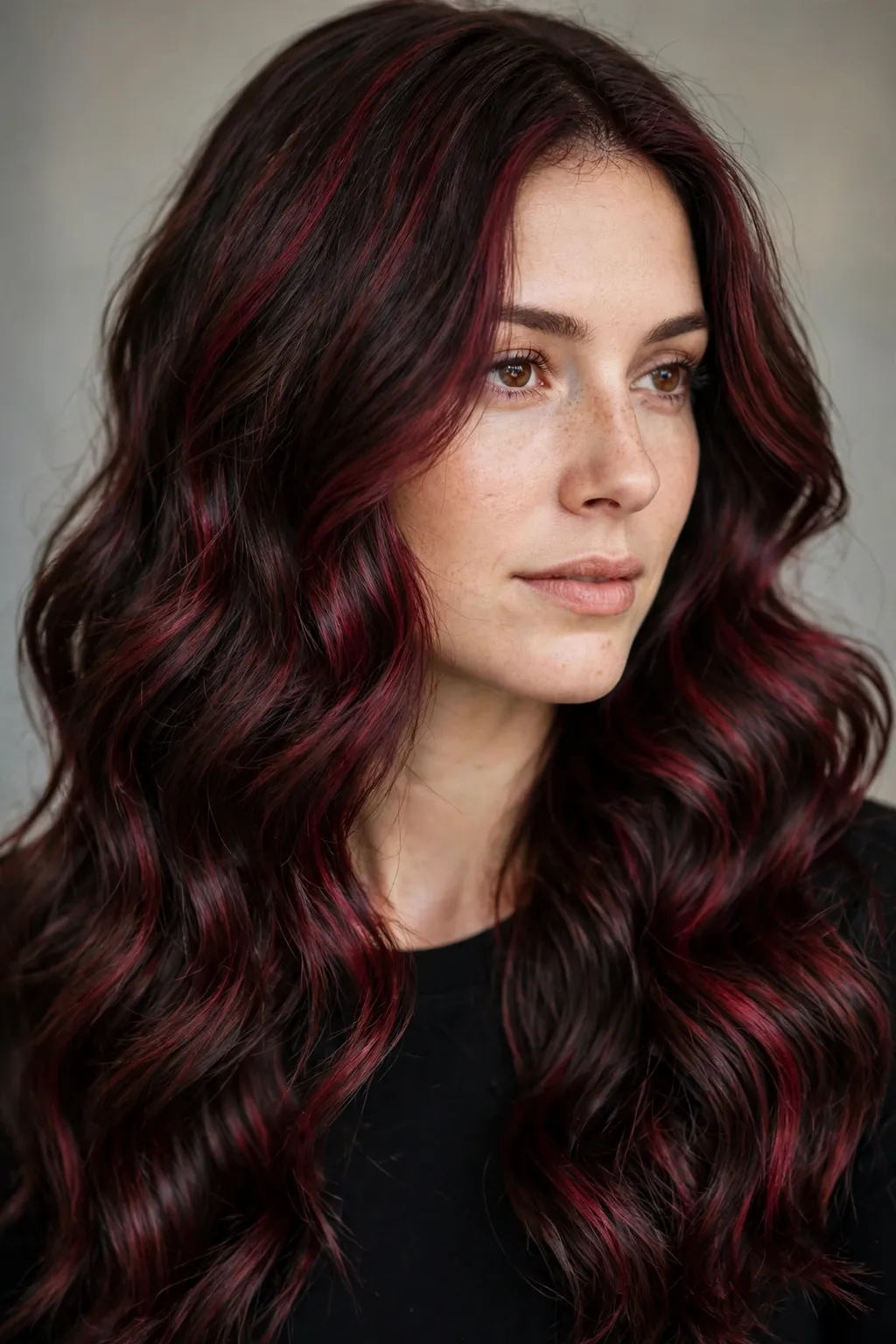 6. Dark Red Highlights on Brunette Hair