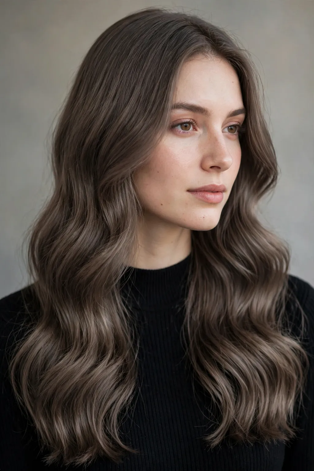 7. Ash-Brown Waves on Long Hair