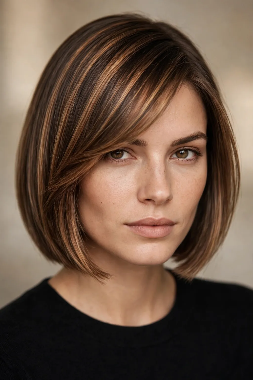 9. Bronze Balayage on a Short Straight Cut With Side-Swept Bangs
