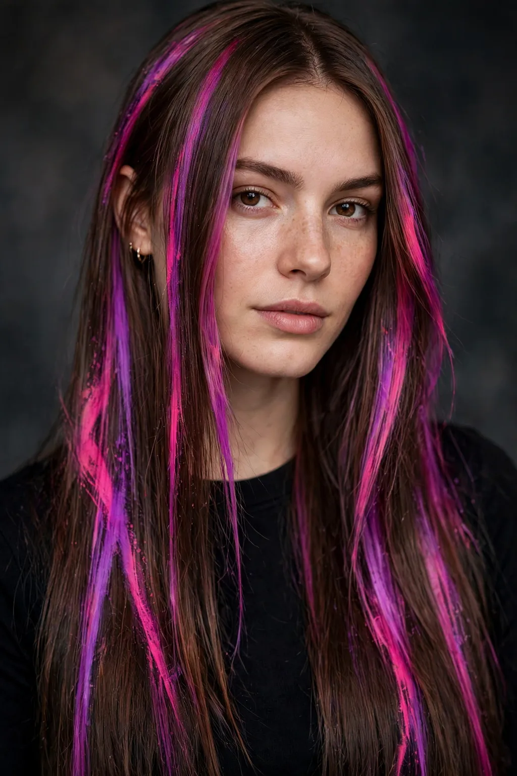 10. Magenta Graffiato Highlights on Brown Hair