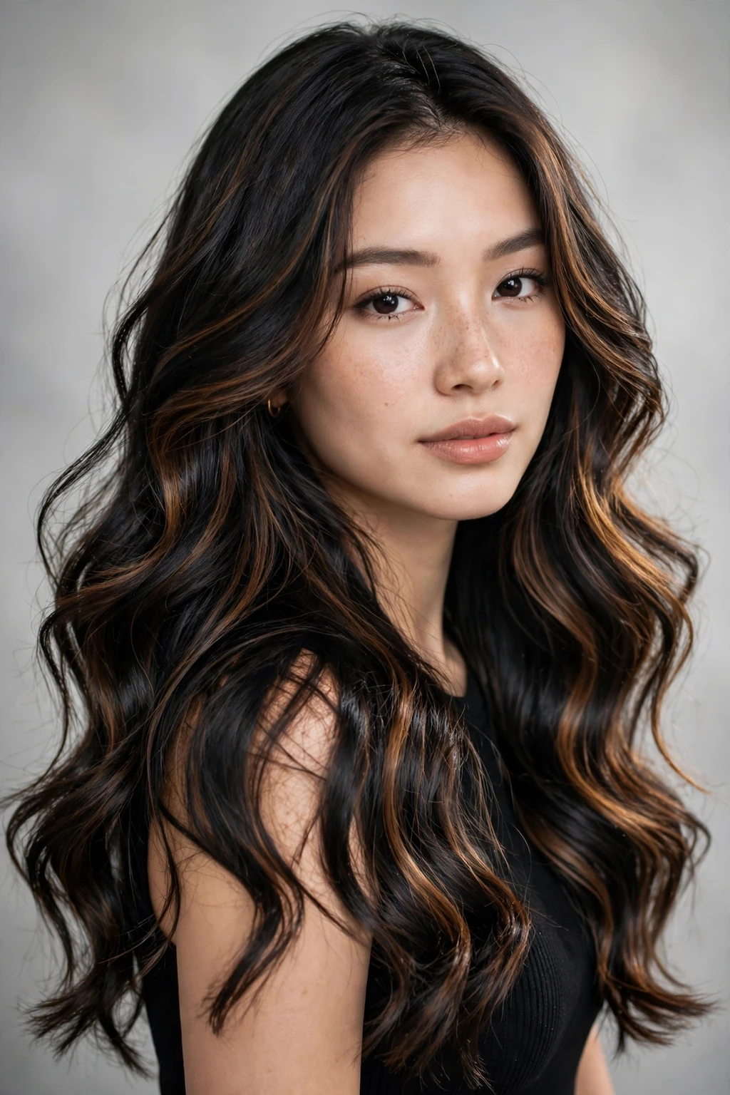 1. Long Wavy Black Hair With Caramel Streaks