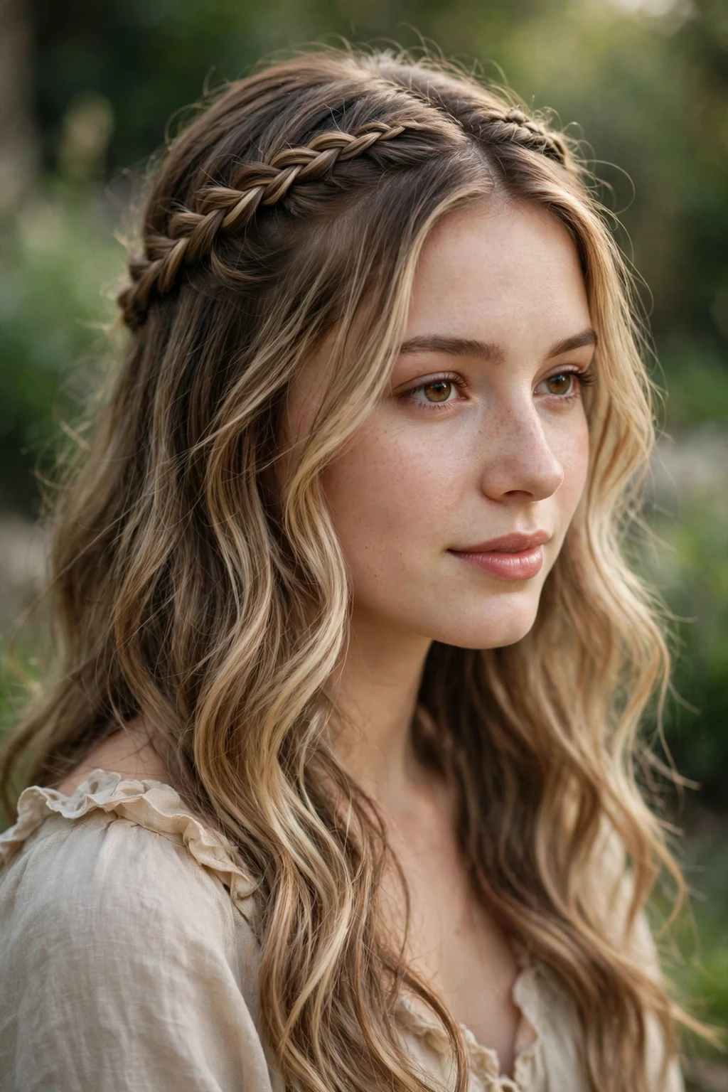 2. Bronde Waves With a Delicate Crown Braid