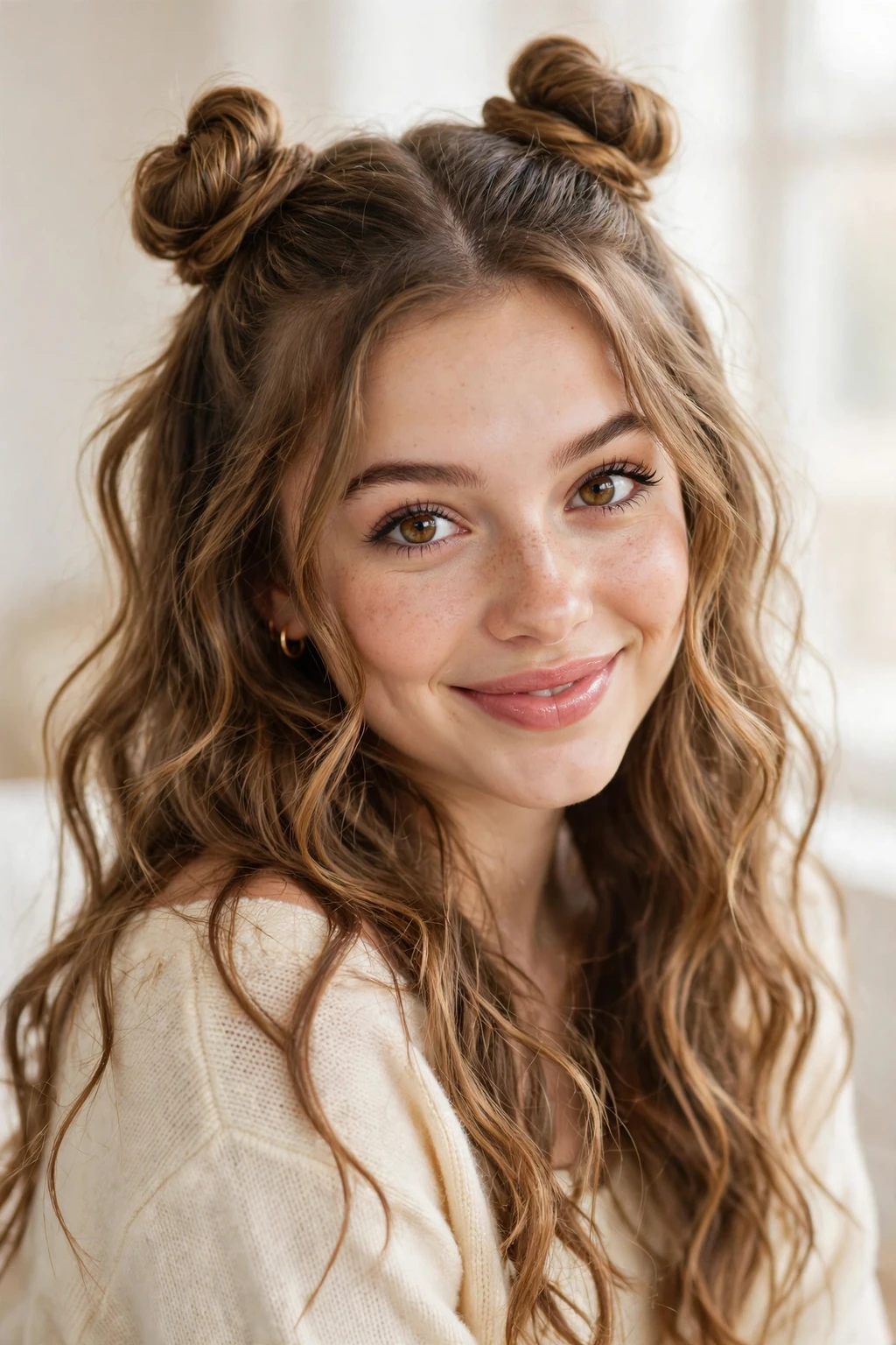 6. Wavy Hair With Cute Space Buns