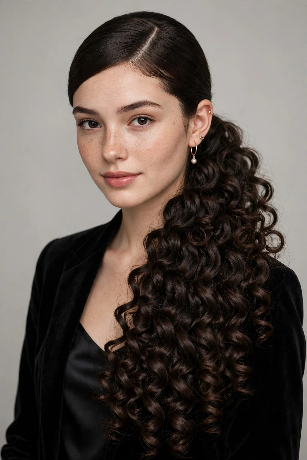 19. Deep Side Part With a Long Curly Ponytail