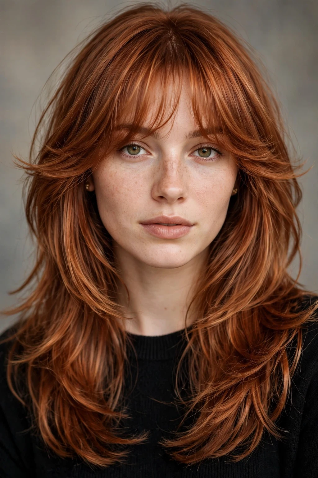 Layered Haircut: 30 Gorgeous Ideas to Try 16 14. Copper Length With Feathered Wispy Bangs