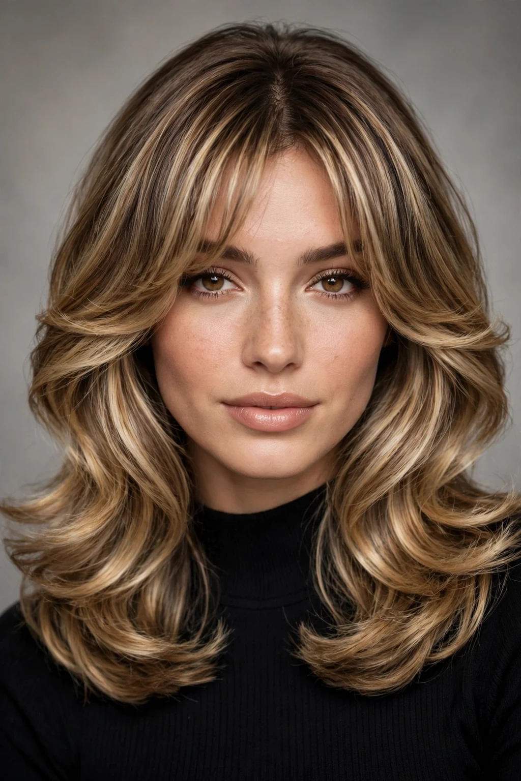 Layered Haircut: 30 Gorgeous Ideas to Try 22 20. Glam Blowout With Balayage and Curtain Bangs