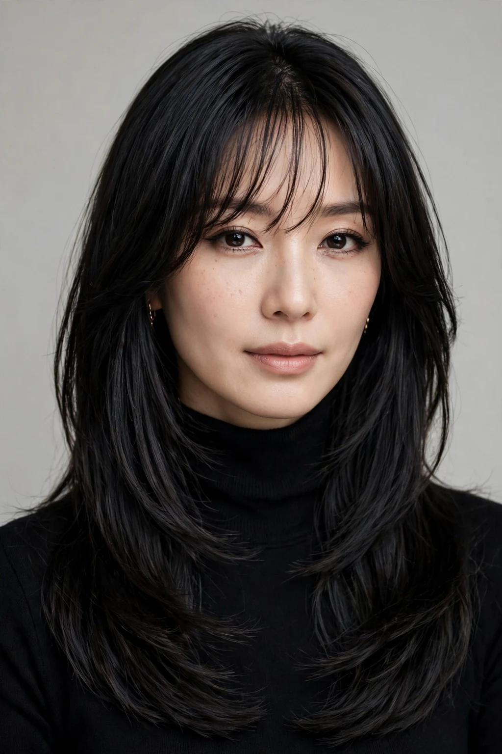 Layered Haircut: 30 Gorgeous Ideas to Try 23 21. Sleek Black Layers With Wispy Bangs
