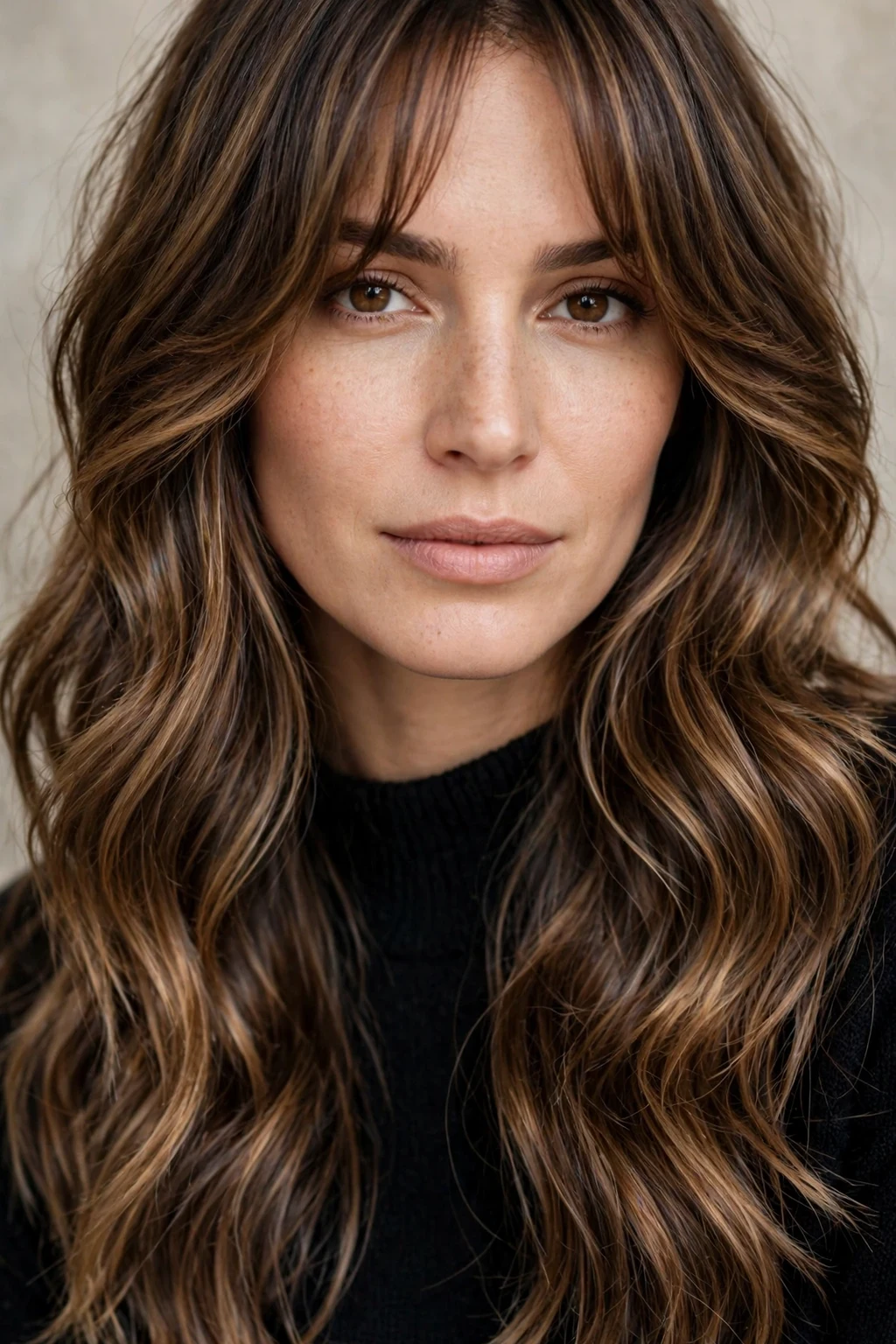 Layered Haircut: 30 Gorgeous Ideas to Try 26 24. Brunette Balayage Waves With Curtain Bangs