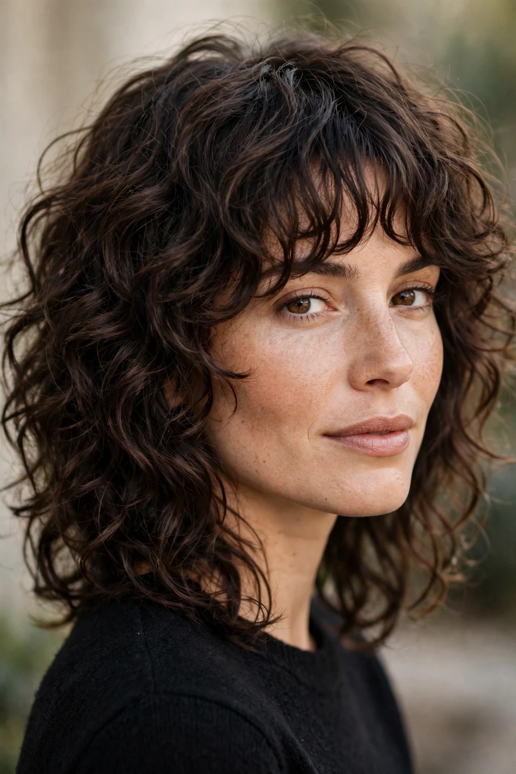 14. Curly Brunette Shag With Curtain Bangs