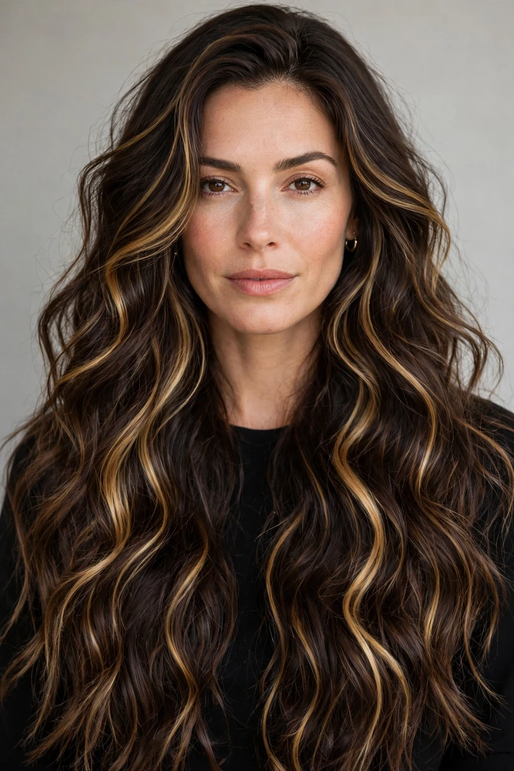 California Brunette: 20 Gorgeous Ideas to Try 7 5. Long Beachy Waves with Golden Dimension