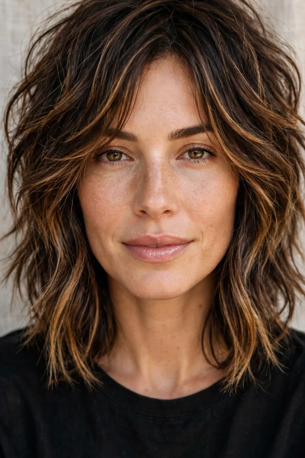 California Brunette: 20 Gorgeous Ideas to Try 12 10. Textured Shaggy Lob with Warm Tones