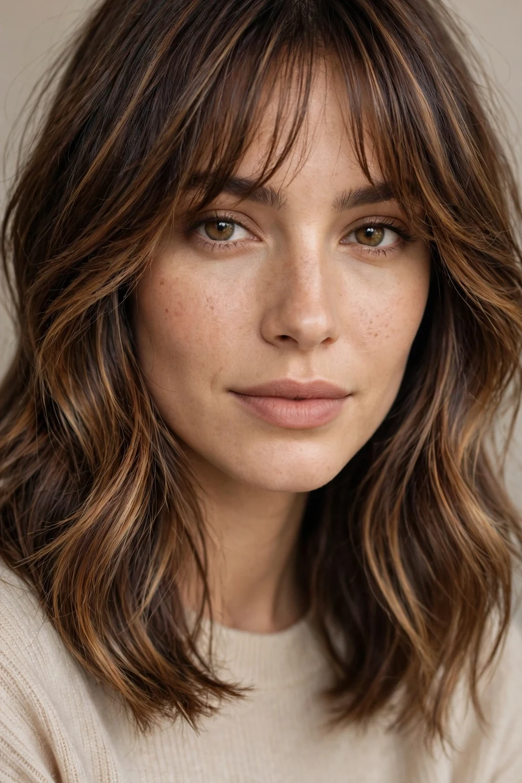 California Brunette: 20 Gorgeous Ideas to Try 13 11. Balayage Brunette with Soft Bangs