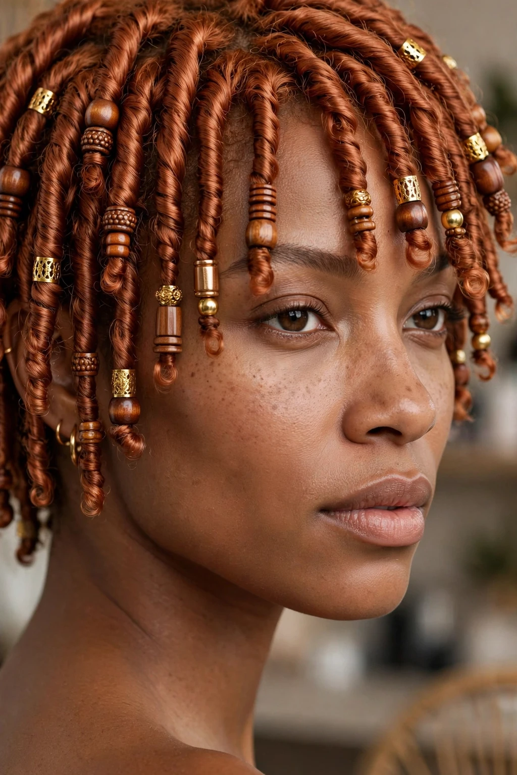 2. Ginger-Toned Short Locs With Beads