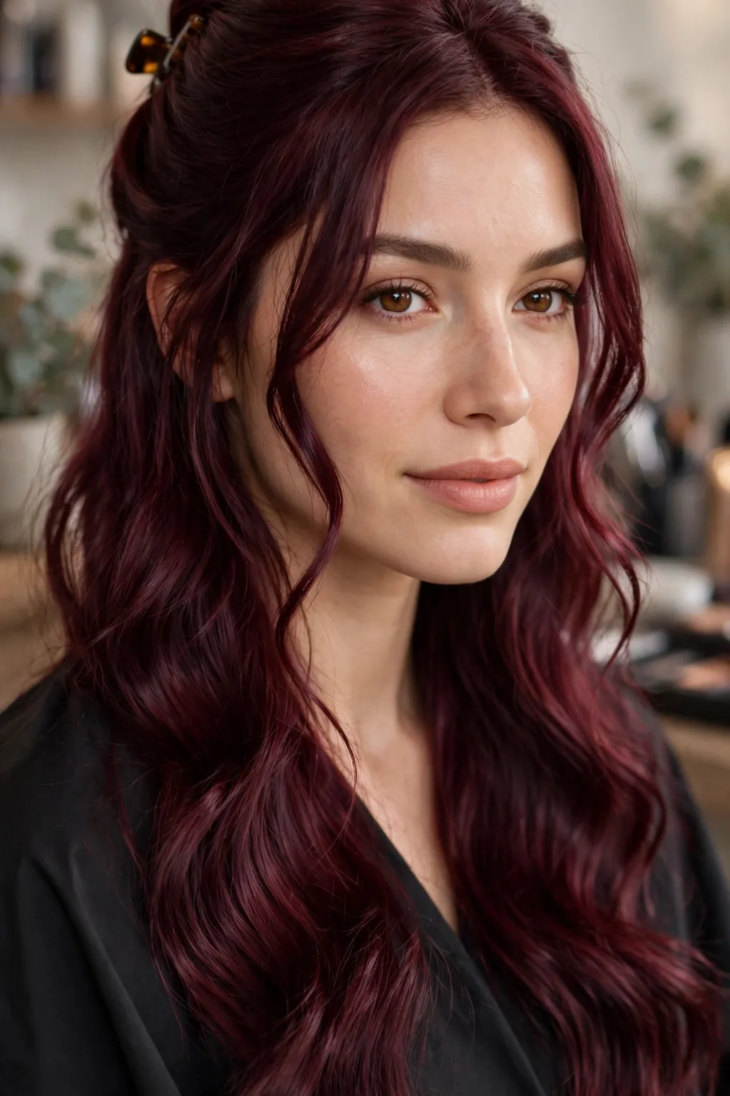 2. Half-Up Burgundy Waves With Face-Framing Tendrils