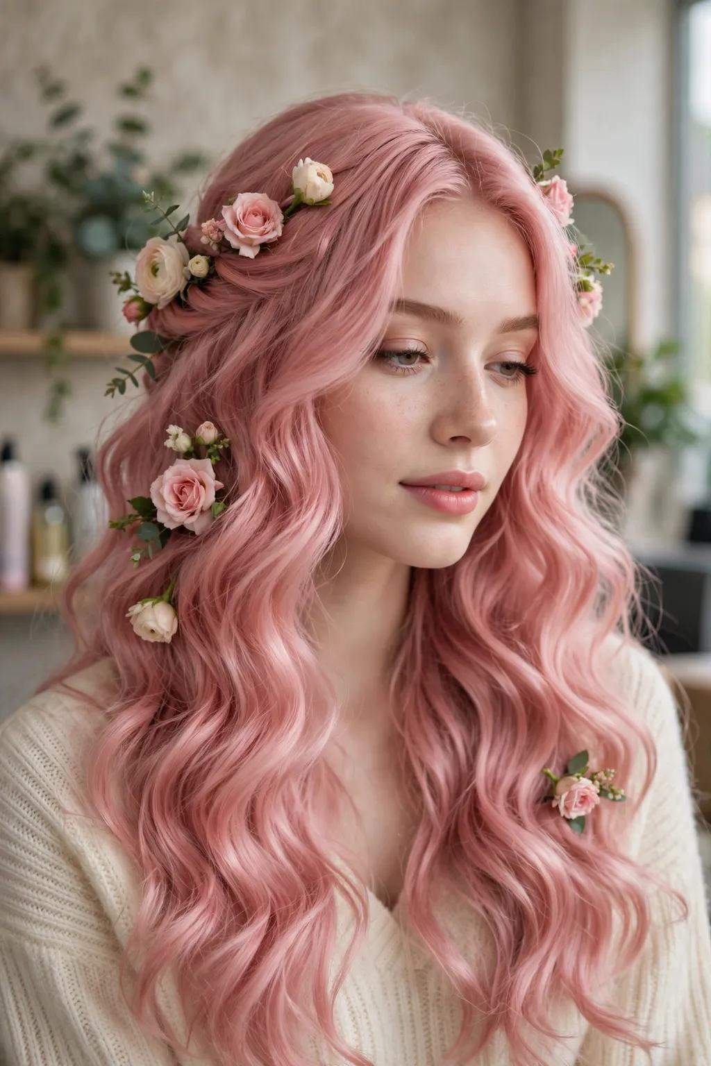 6. Long Pink Hair With a Floral Bouquet Accent