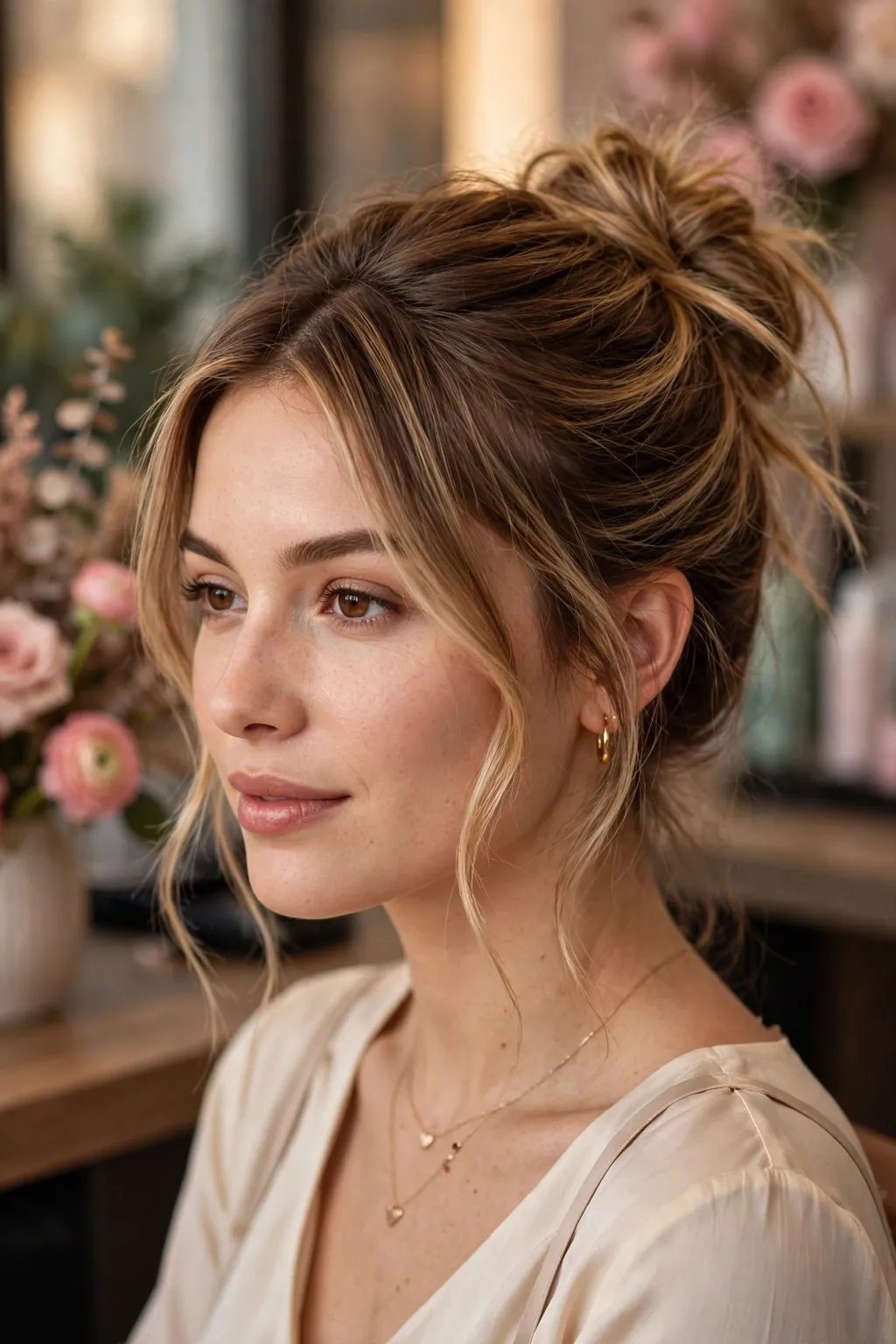 10. Messy Bun Updo on Bronde Hair