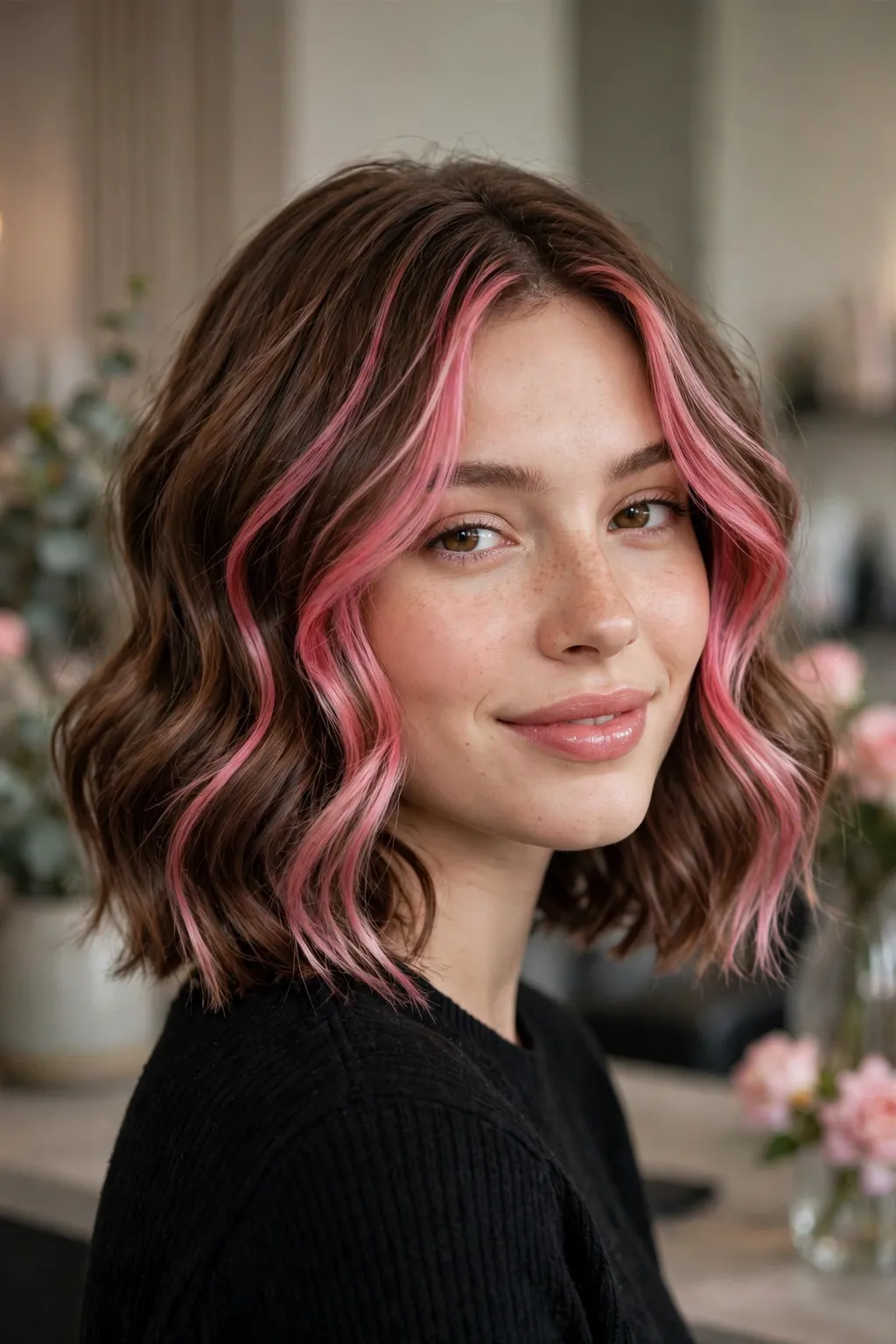 14. Wavy Lob With Pink Highlights