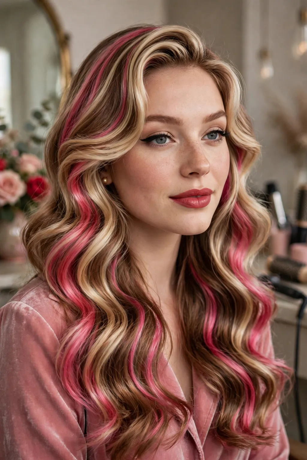 15. Chunky Highlights With Pink Streaks