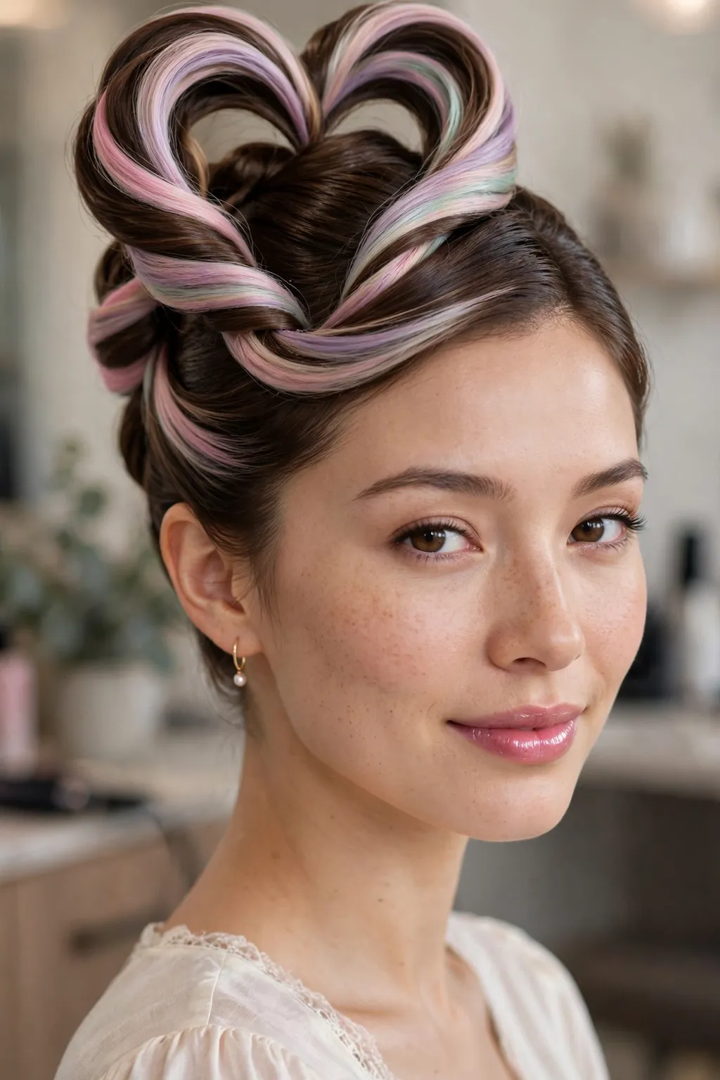 18. Twisted Heart Updo With Unicorn Highlights