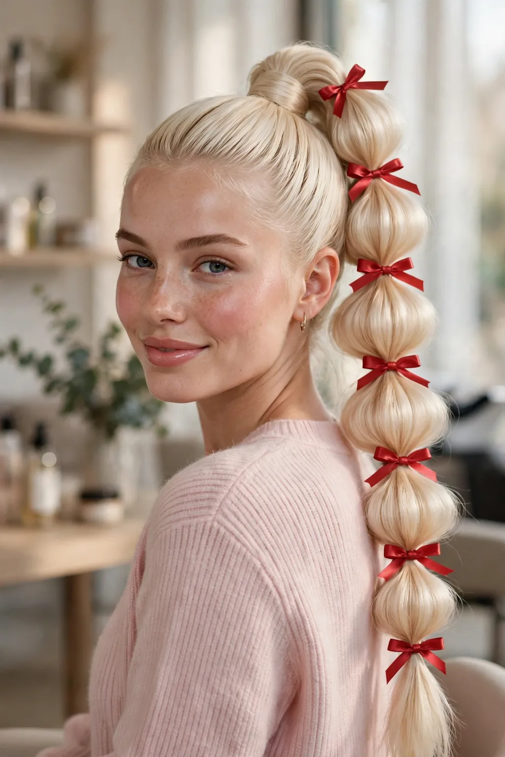 19. Bubble Ponytail With Ribbons