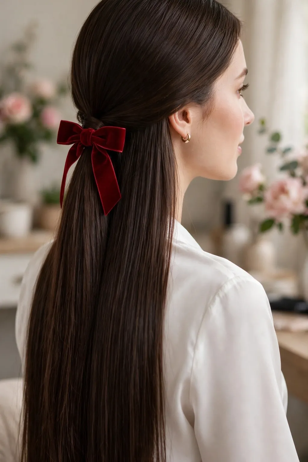 20. Long Brunette Hair With a Red Bow