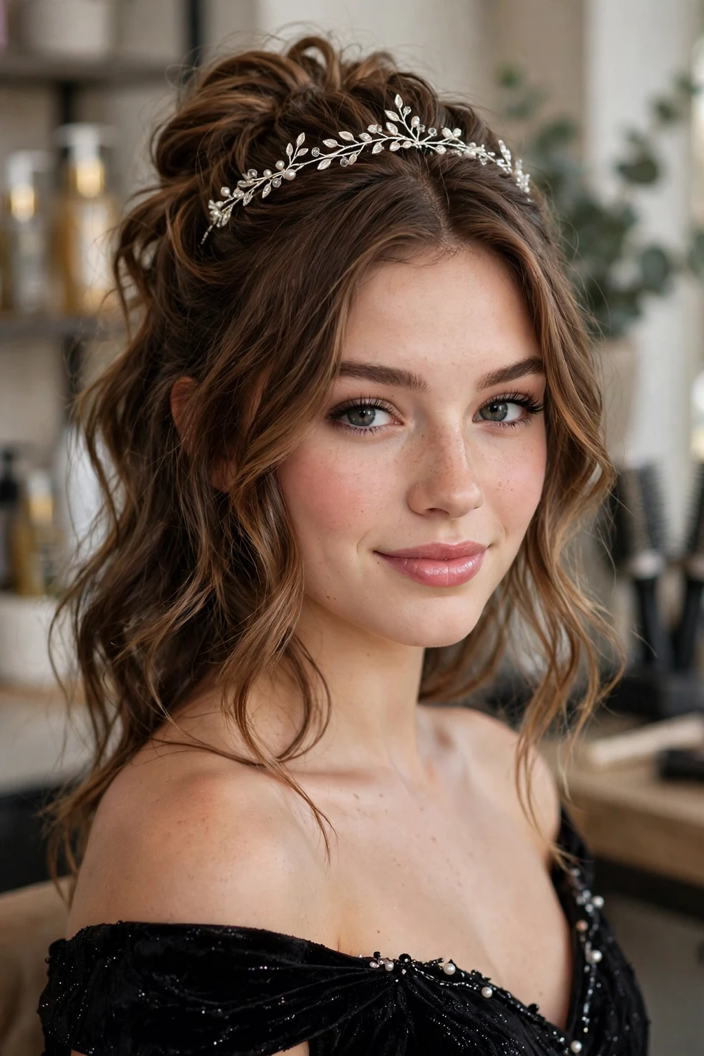 Prom Hairstyles: 20 Gorgeous Ideas to Try 19 17. Tousled Half-Updo With Beachy Waves and Tiara