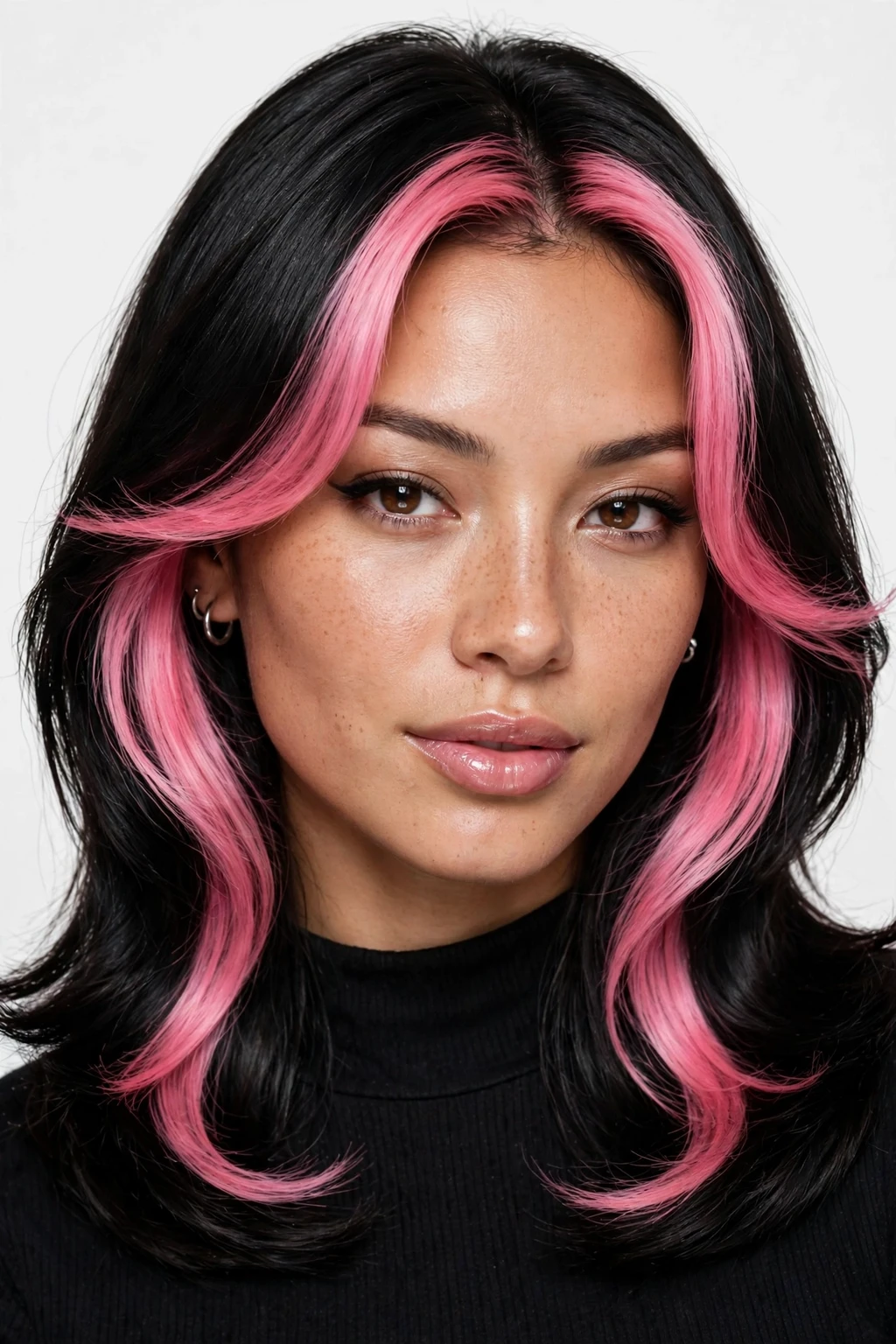 1. Bubblegum Pink Streaks on Midnight Black Hair
