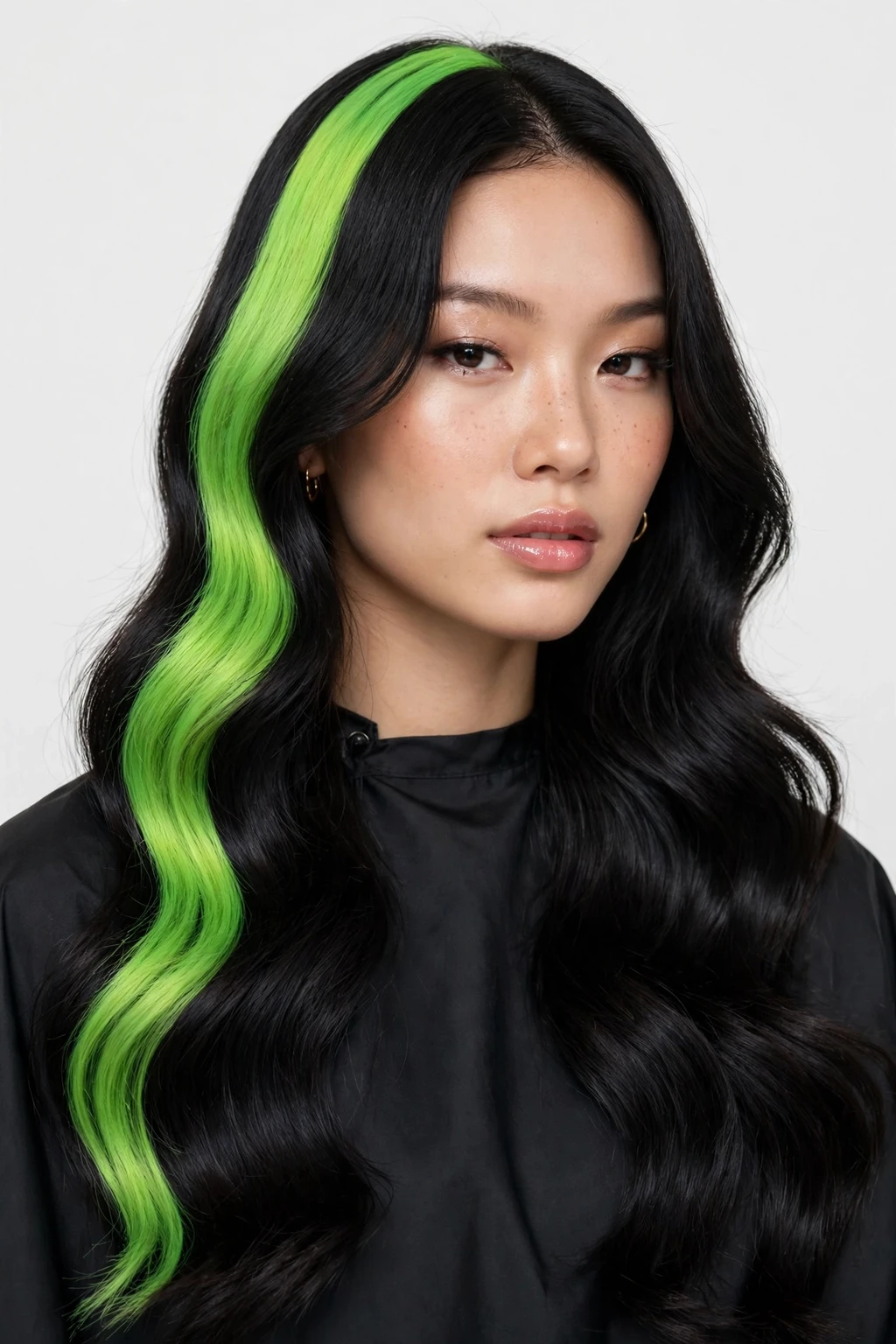 2. Neon Green Stripe on Long Wavy Black Hair