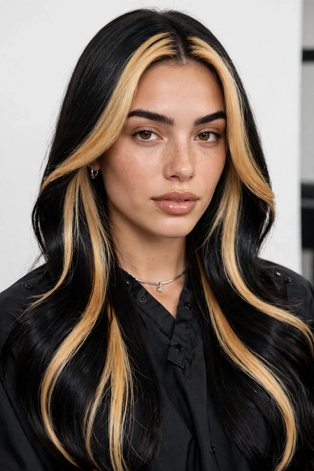 5. Honey Blonde Streaks on Jet Black Hair