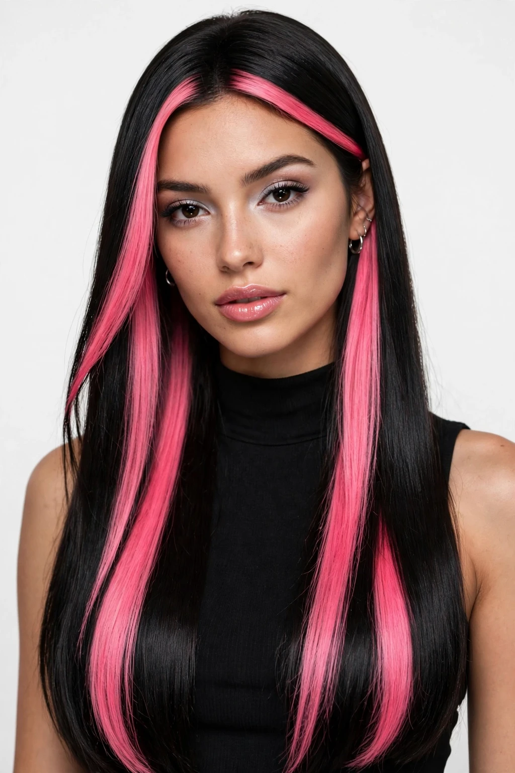 7. Flamingo Pink Highlights on Sleek Black Hair
