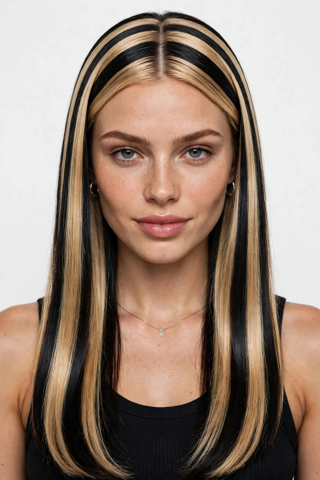 8. Sandy Blonde and Black Contrast Stripes