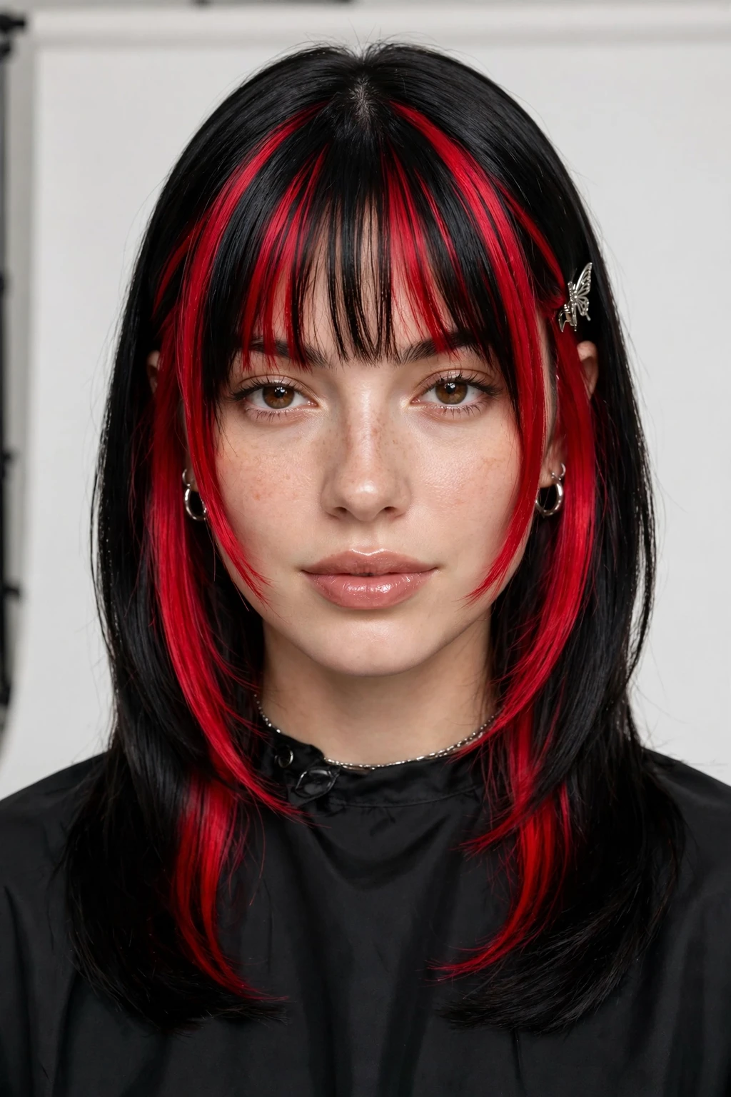 13. Crimson Highlights with Bangs on Black Hair