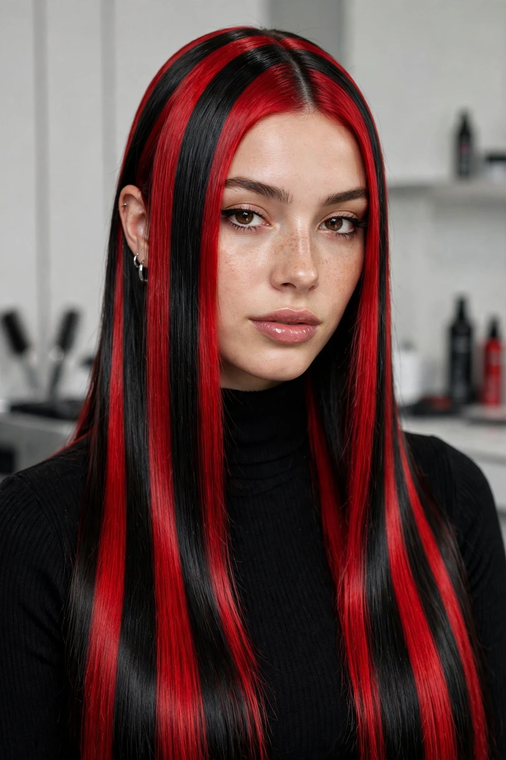 14. Black and Red Stripes on Straight Hair