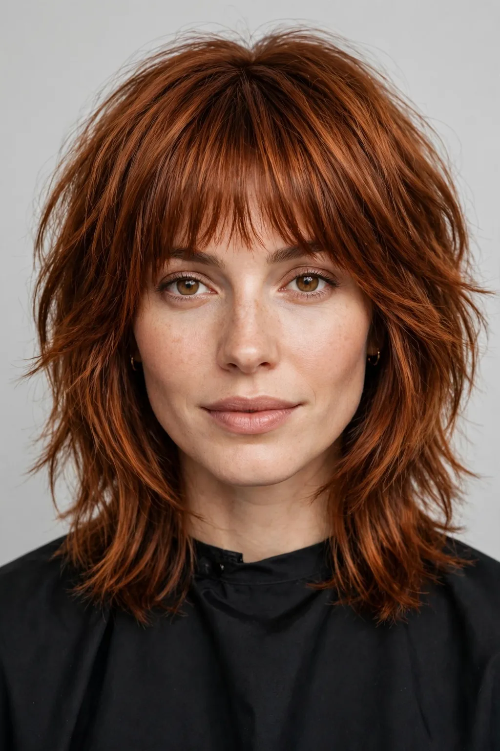 Medium Shag Haircuts: 25 Stylish Ideas to Try 9 7. Shaggy Layers With Soft Blunt Bangs