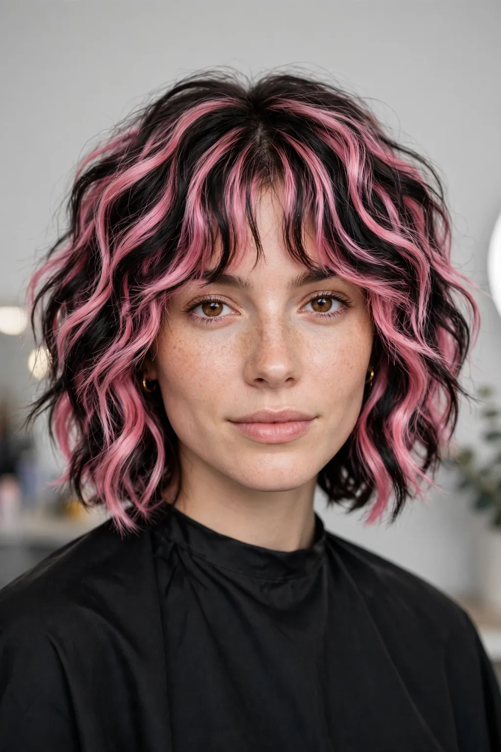 Medium Shag Haircuts: 25 Stylish Ideas to Try 15 13. Pink and Black Wavy Shag With Curtain Bangs
