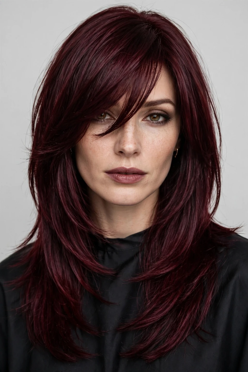 Long Shag: 25 Stylish Ideas to Try 17 15. Long Burgundy Shag With Asymmetrical Bangs