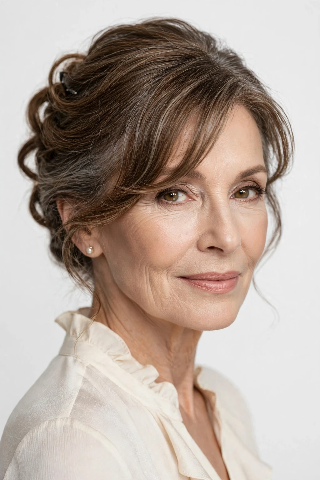 Hairstyles for Women Over 60: 20 Elegant Ideas to Try 12 10. Loose Updo with Side-Swept Bangs