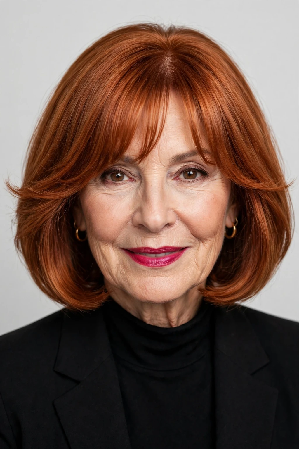 Hairstyles for Women Over 60: 20 Elegant Ideas to Try 16 14. Classic Copper Bob with Curtain Bangs