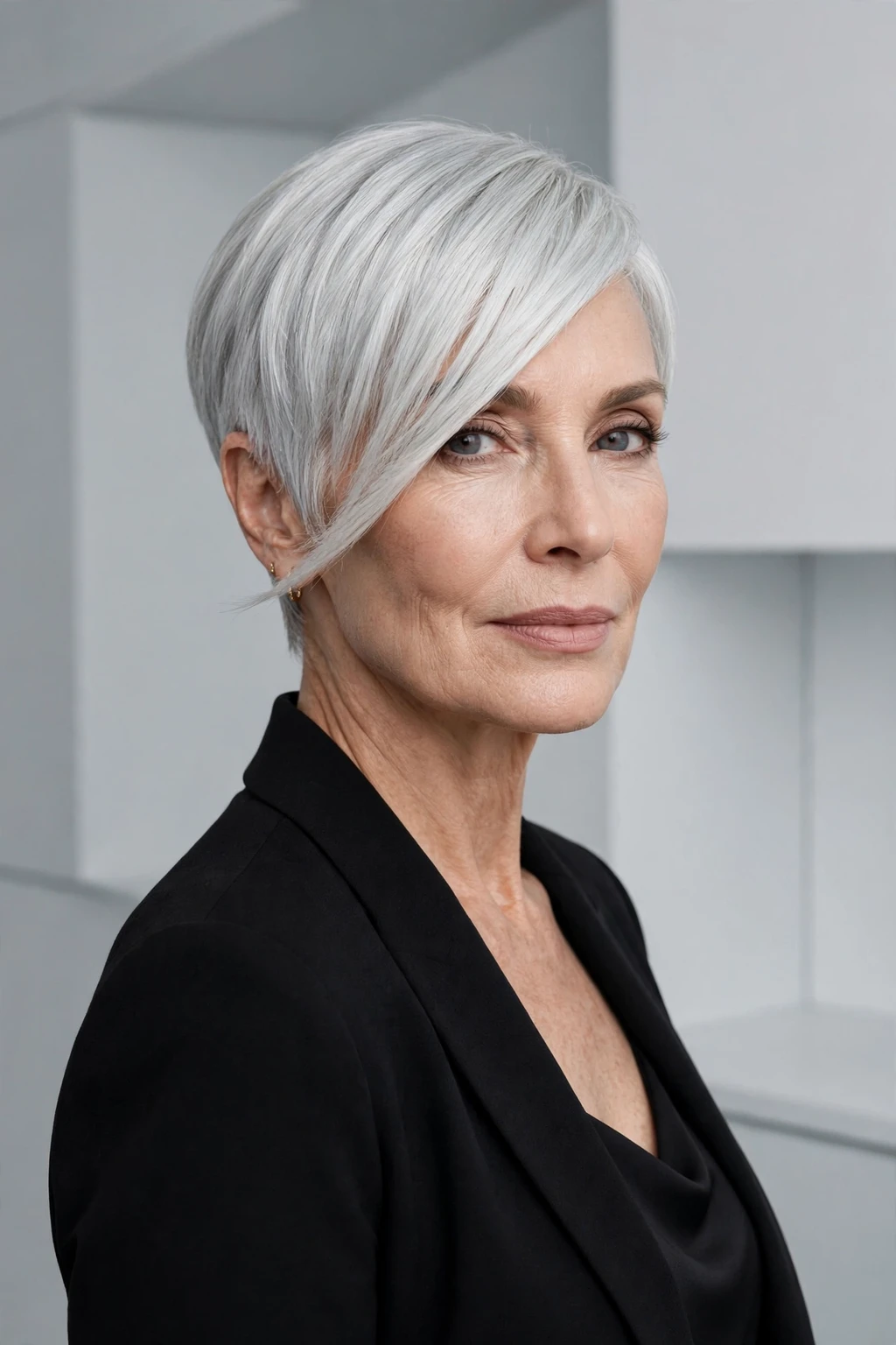 Hairstyles for Women Over 60: 20 Elegant Ideas to Try 20 18. Straight Silver Pixie with Asymmetrical Bangs