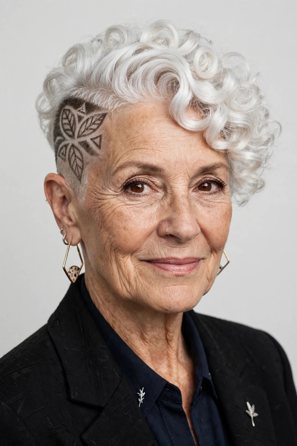 Hairstyles for Women Over 60: 20 Elegant Ideas to Try 21 19. White Curly Crop with Designed Undercut