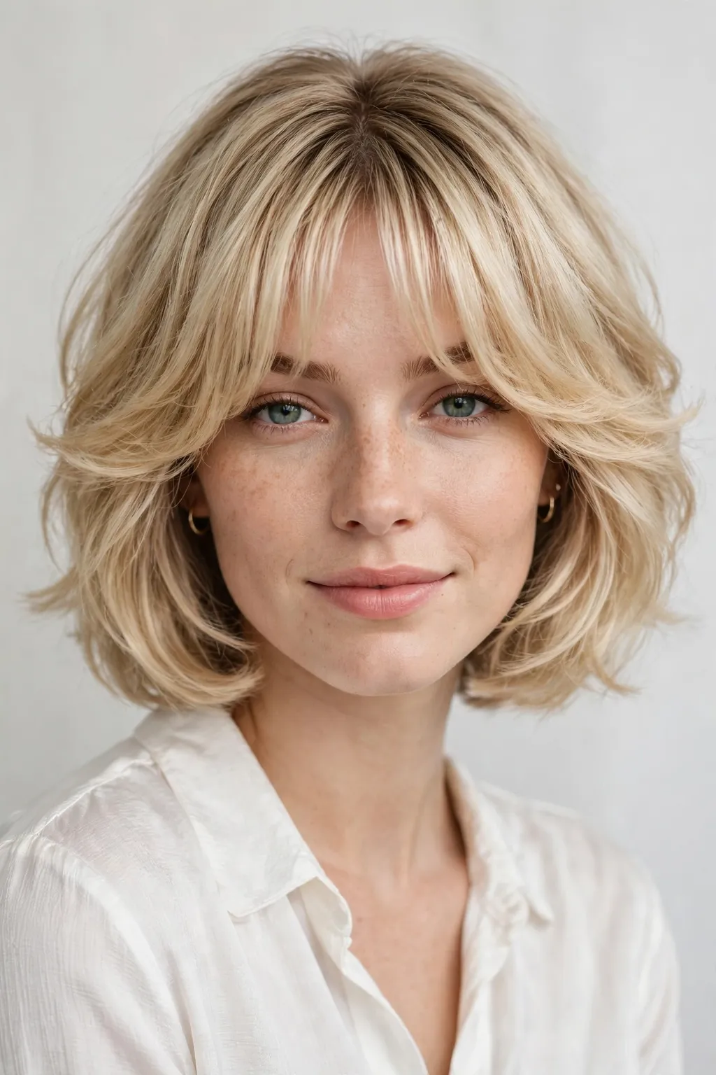9. Fluffy Blonde Layered Bob With Curtain Bangs