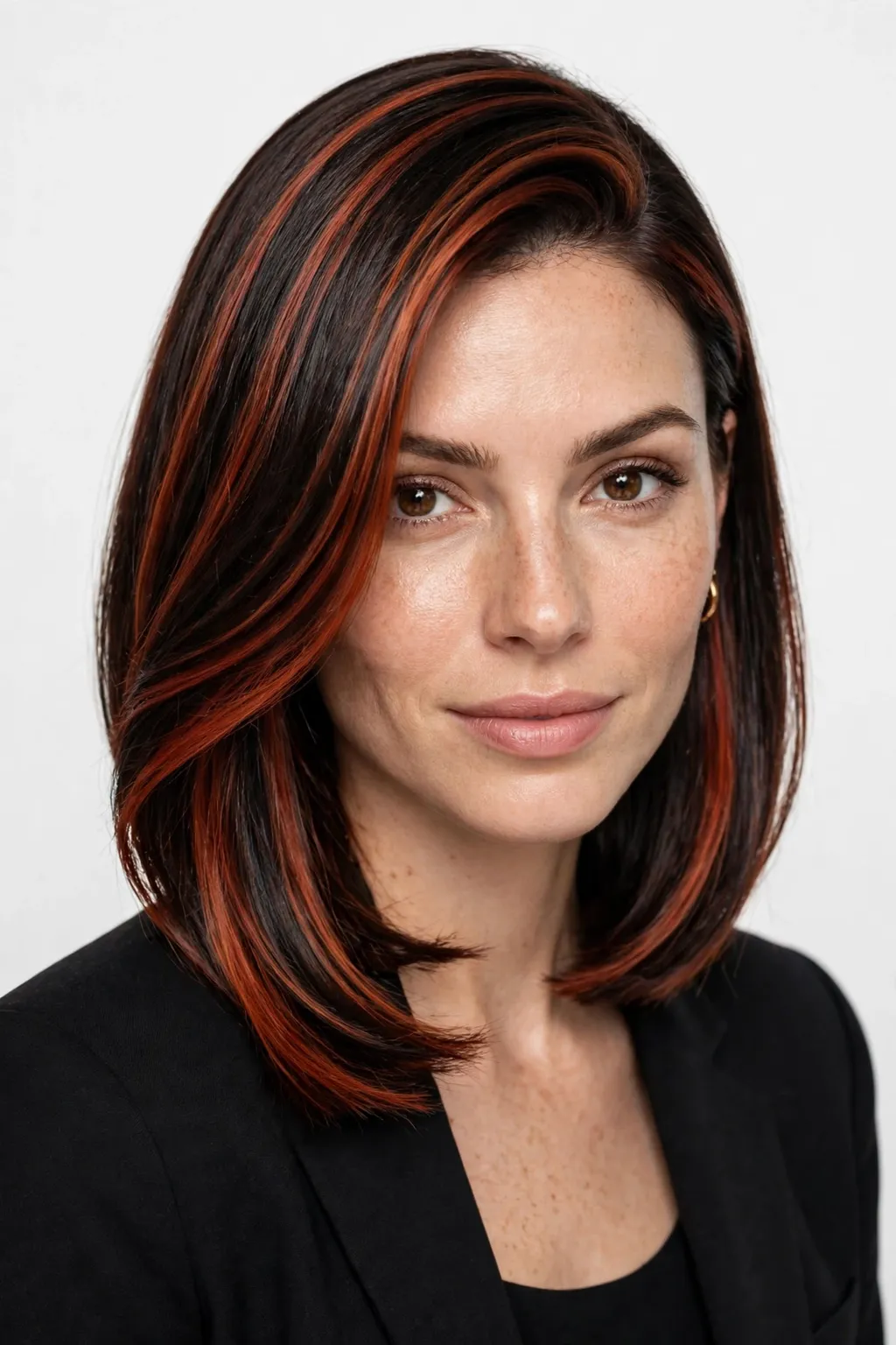 14. Sleek Lob With Red Highlights
