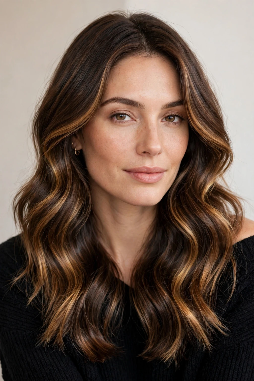 2. Wavy Warm Balayage Brunette