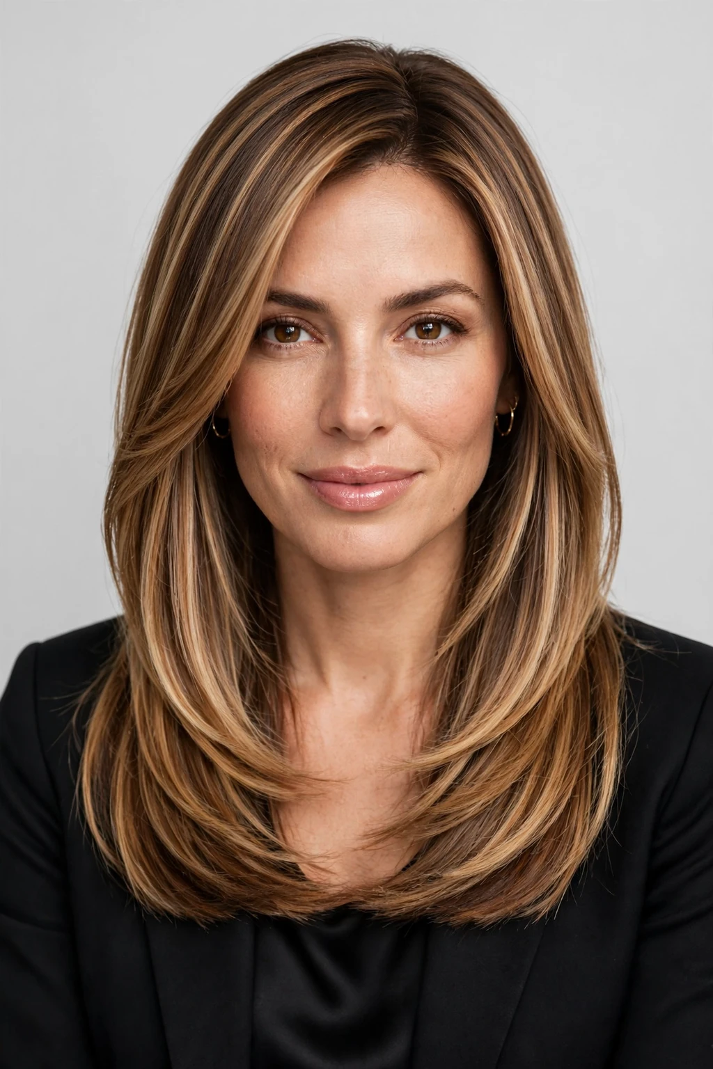 5. Warm Bronde Brunette on Straight Layered Hair