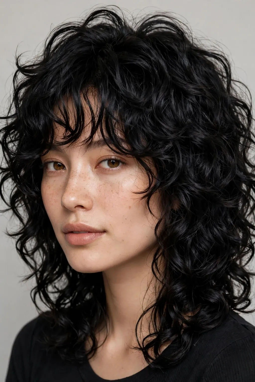 1. Medium-Length Curly Wolf Cut on Black Hair