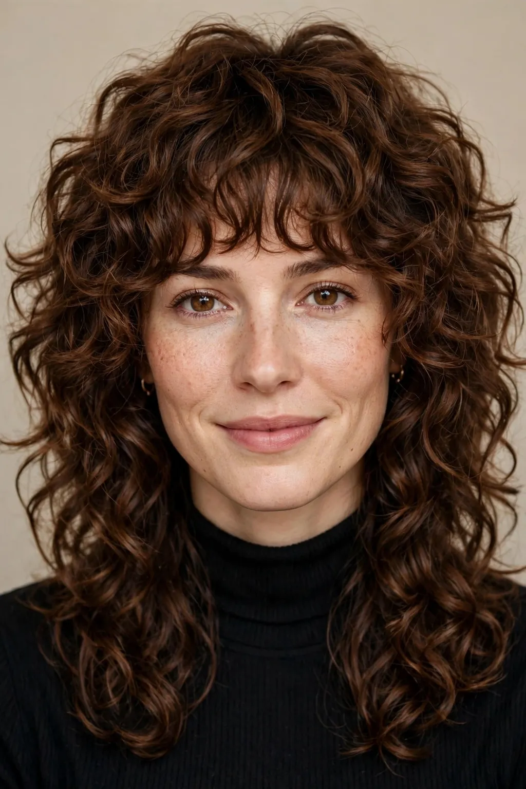 3. Brown Curly Wolf Cut with Bangs
