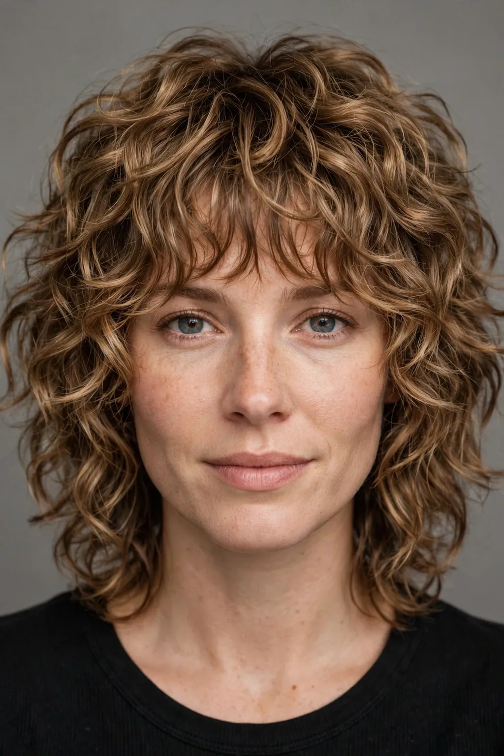 8. Light Brown Curly Wolf Cut with Bangs