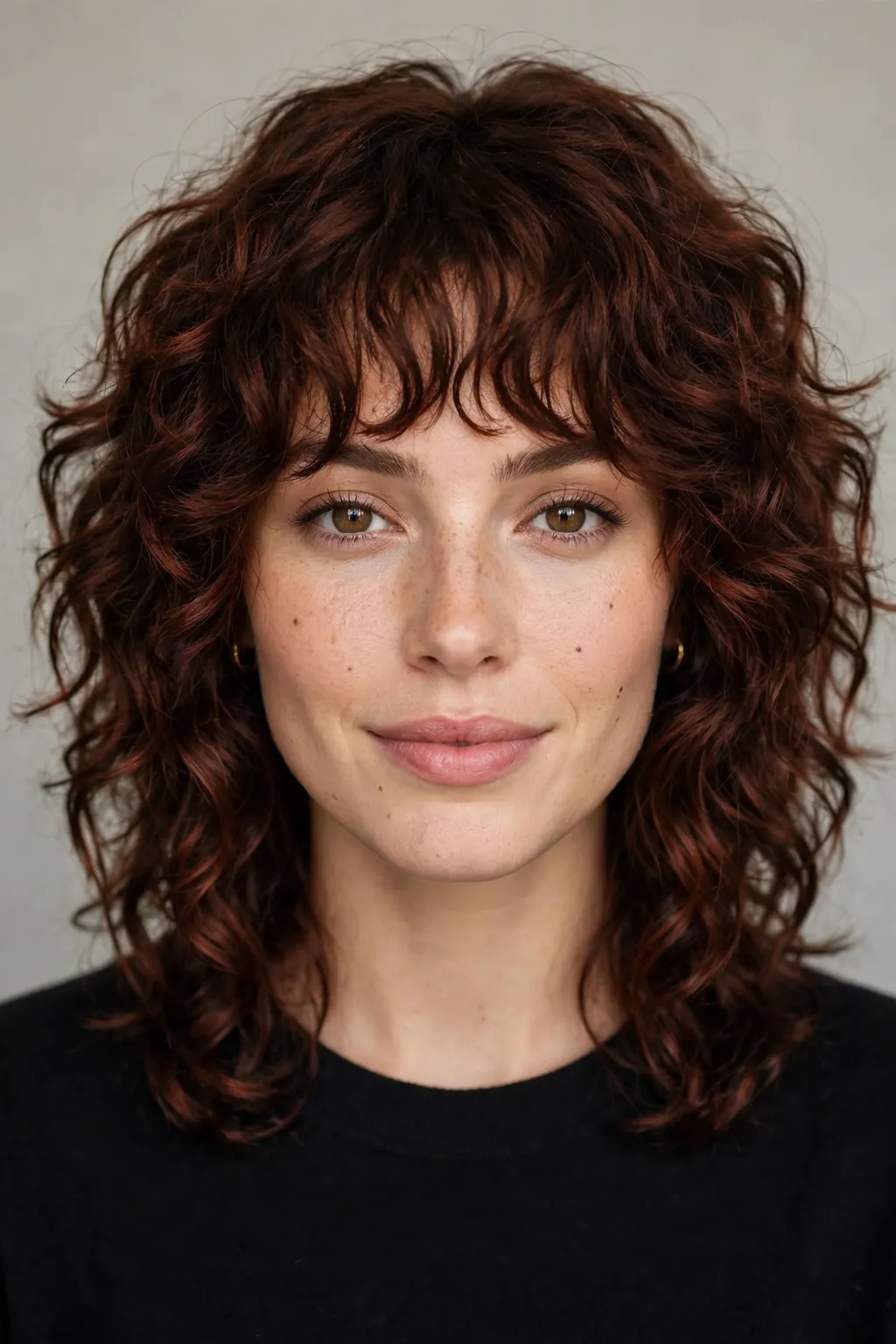 10. Medium-Length Shaggy Curly Wolf Cut with Bangs