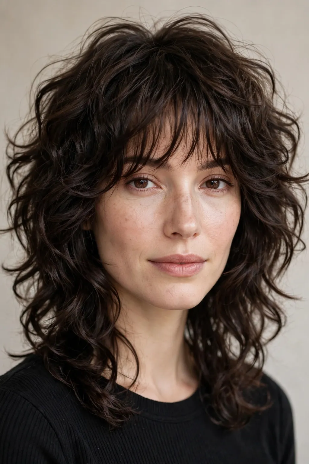 16. Curly Layered Wolf Cut with Wispy Bangs