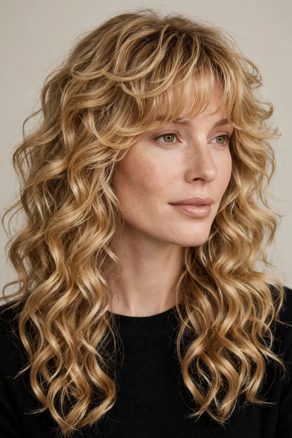 19. Blonde Curly Long Wolf Cut with Soft Bangs